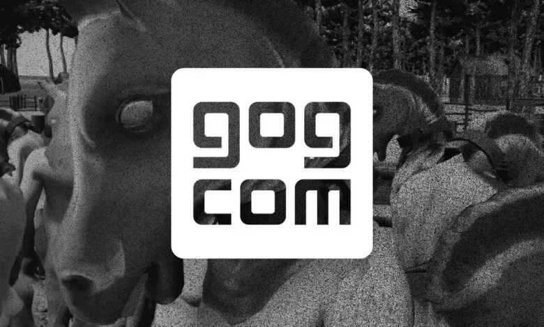 GOG.com logo overlayed on a black and white image of horses in a field.