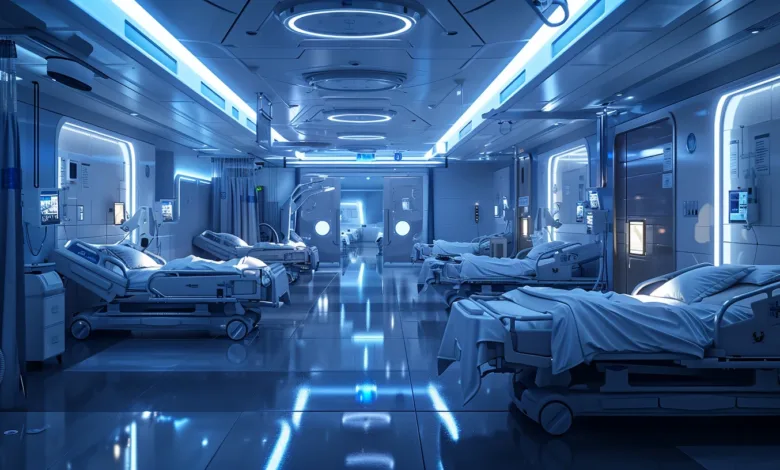 Futuristic hospital ward with multiple beds and advanced medical equipment.