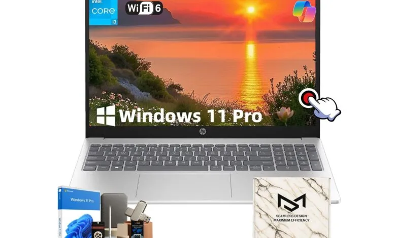 HP laptop with Windows 11 Pro, Intel Core i3 processor, and Wi-Fi 6.