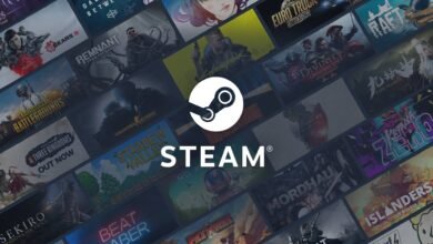 Steam logo with game titles like Cyberpunk, Gears 5, and Stardew Valley.