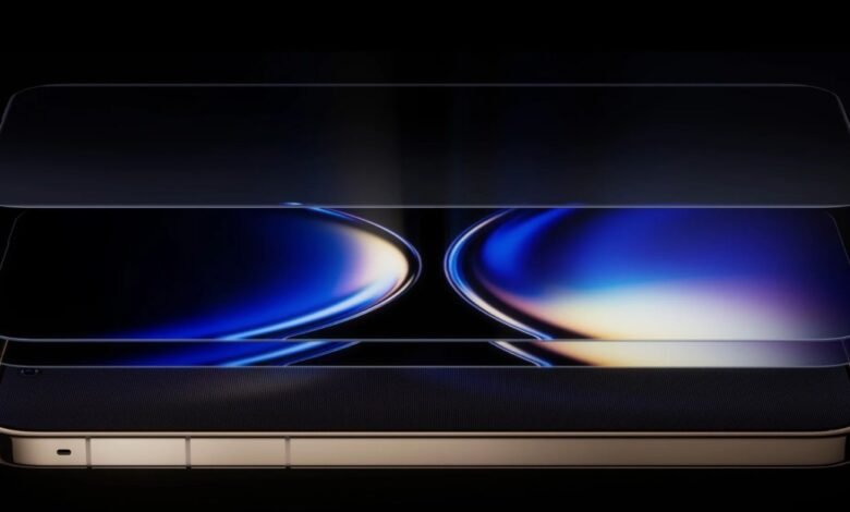 Exploded view of a gold smartphone with layered screen components.