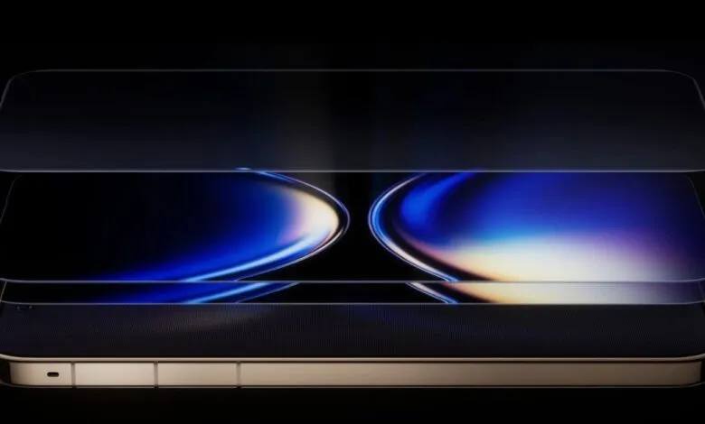 Exploded view of a gold smartphone with layered screen components.