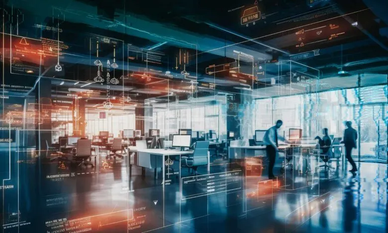 Modern office space with digital overlay, showing data and silhouettes of people.