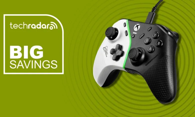A black and white Xbox controller with green accents, featuring the TechRadar logo and 'BIG SAVINGS' text.