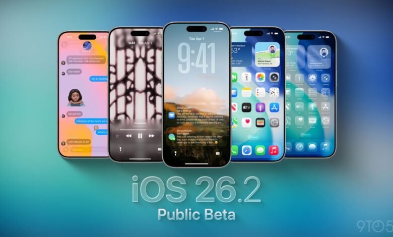 Multiple iPhones displaying iOS 26.2 Public Beta features like messaging, music, and home screen.