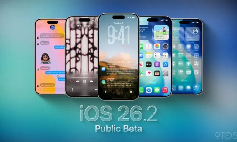 Multiple iPhones displaying iOS 26.2 Public Beta features like messaging, music, and home screen.