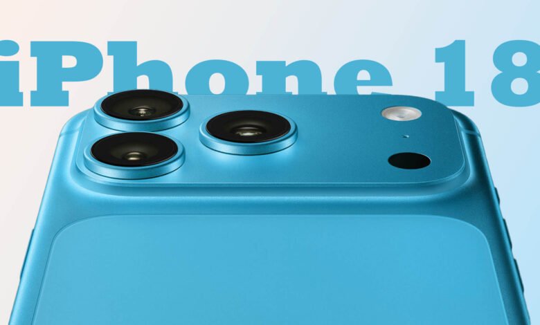Close-up of a blue iPhone 18 with three rear cameras.