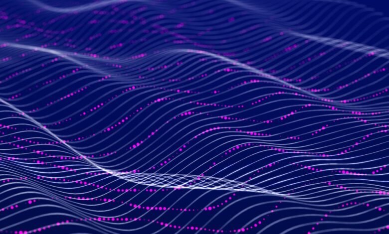 Abstract wavy lines with pink dots on a dark blue background.