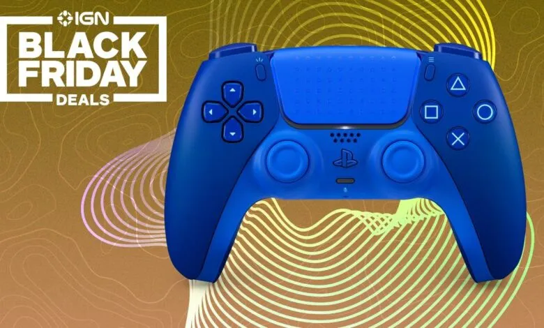 Blue PlayStation 5 DualSense controller on a Black Friday deals background.