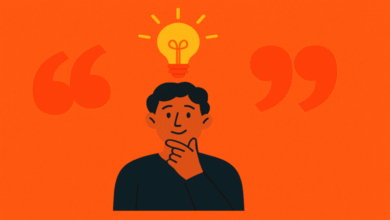 Illustration of a person thinking with a lightbulb above their head and quotation marks.