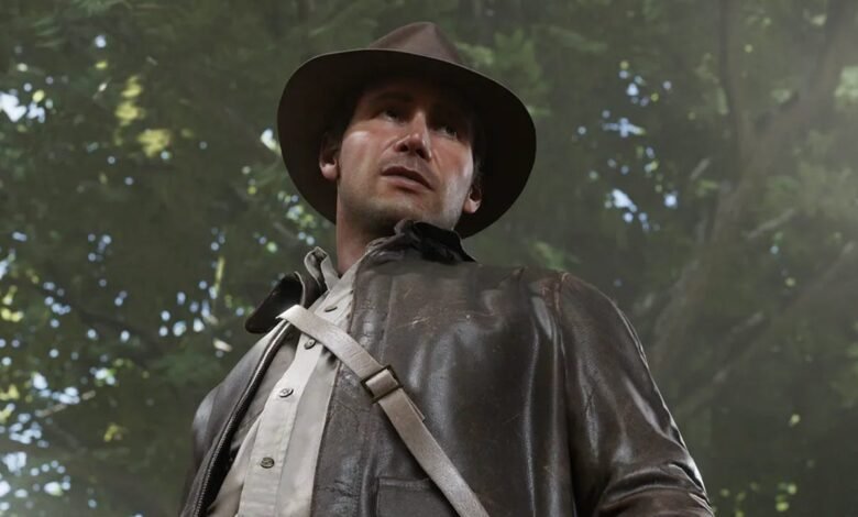 Close-up of Indiana Jones in his iconic fedora and leather jacket, looking determined.