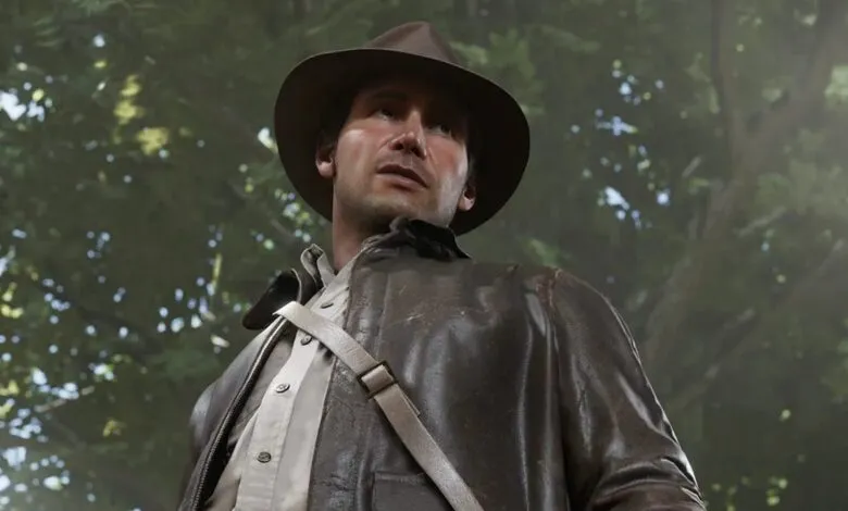 Close-up of Indiana Jones in his iconic fedora and leather jacket, looking determined.