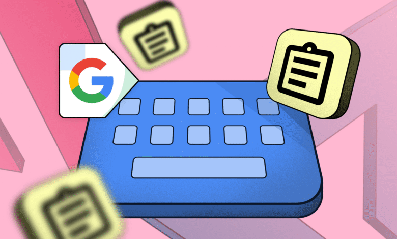 Google Gboard keyboard with clipboard icons floating around it.