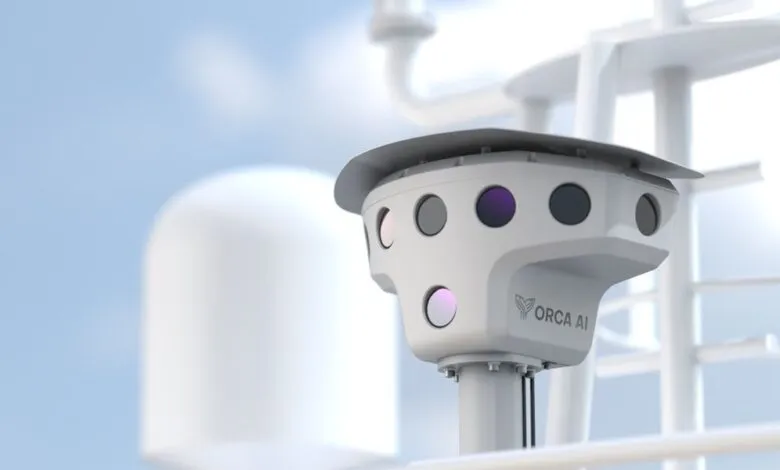 Orca AI maritime surveillance camera system mounted on a ship's mast.