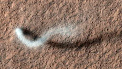 A white plume of dust or gas trails across the reddish-brown surface of Mars.
