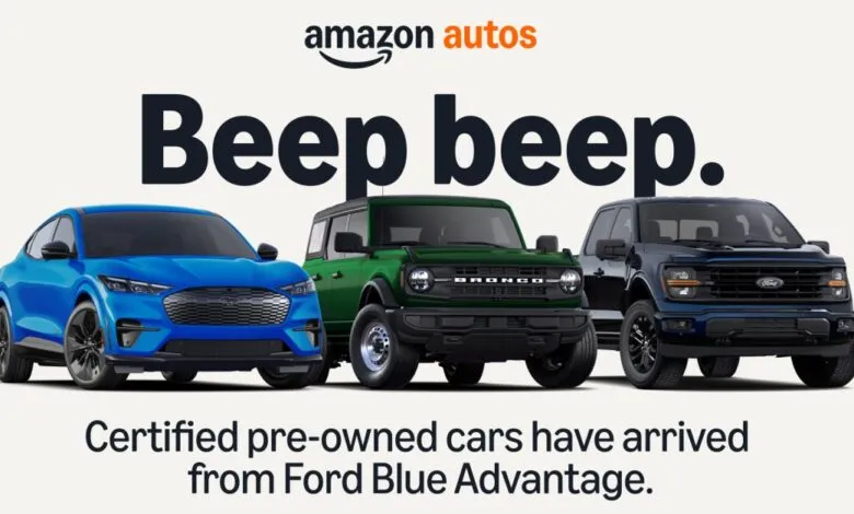 Three Ford vehicles: a blue Mustang Mach-E, a green Bronco, and a dark blue F-150.