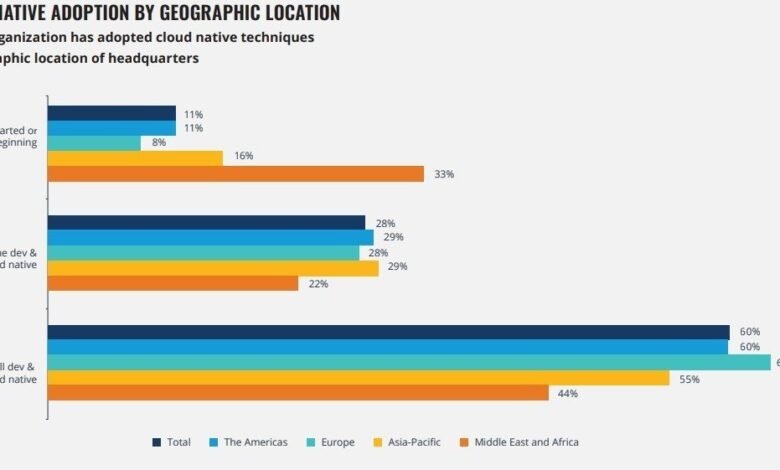 Bar chart showing cloud native adoption by geographic location and adoption level.