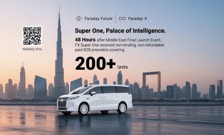 White Faraday Future FF 91 electric vehicle parked with Dubai skyline and Burj Khalifa in the background.