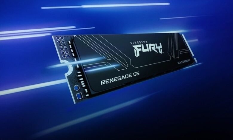 Kingston Fury Renegade G5 NVMe SSD with PCIe 5.0 interface on a blue background.