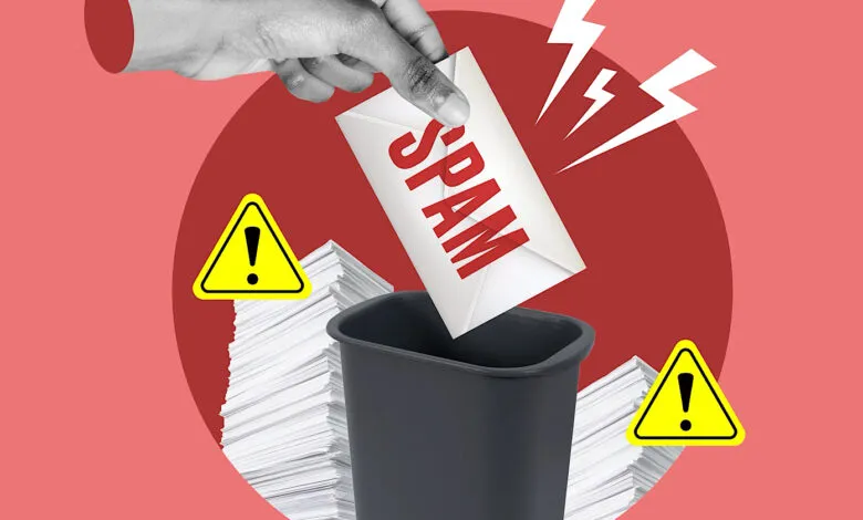 Hand discarding a 'SPAM' envelope into a trash bin, with warning signs and stacks of paper.