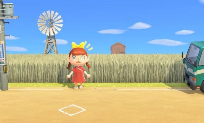 A surprised cartoon character in a red dress stands in a field with a windmill and truck.