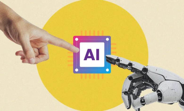Human and robot hands reach for an AI chip, symbolizing human-AI interaction.