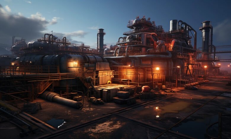 Industrial refinery complex with pipes, tanks, and towers at dusk.