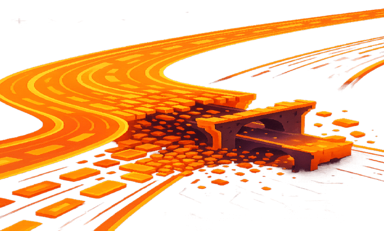 Stylized orange roads leading to a crumbling stone bridge over a dark abyss.