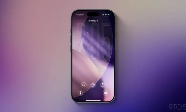 iPhone lock screen displaying a large, translucent clock with a purple gradient background.