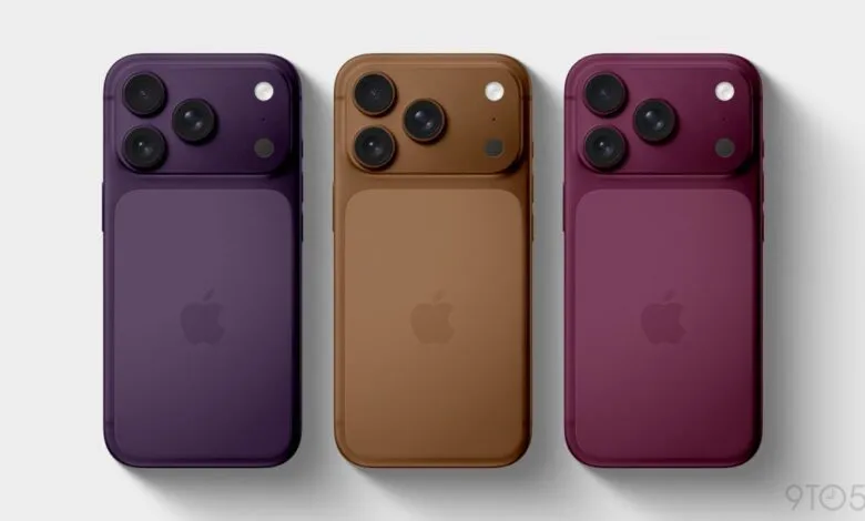 Three iPhones in purple, brown, and burgundy colors displayed side-by-side.