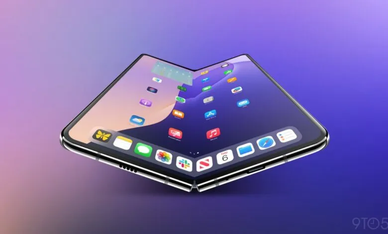 Foldable iPhone concept showing a seamless display and familiar iOS icons.