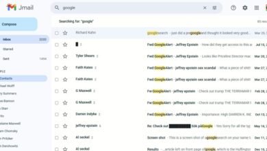 Screenshot of a Gmail inbox showing search results for 'google' with emails related to Jeffrey Epstein.