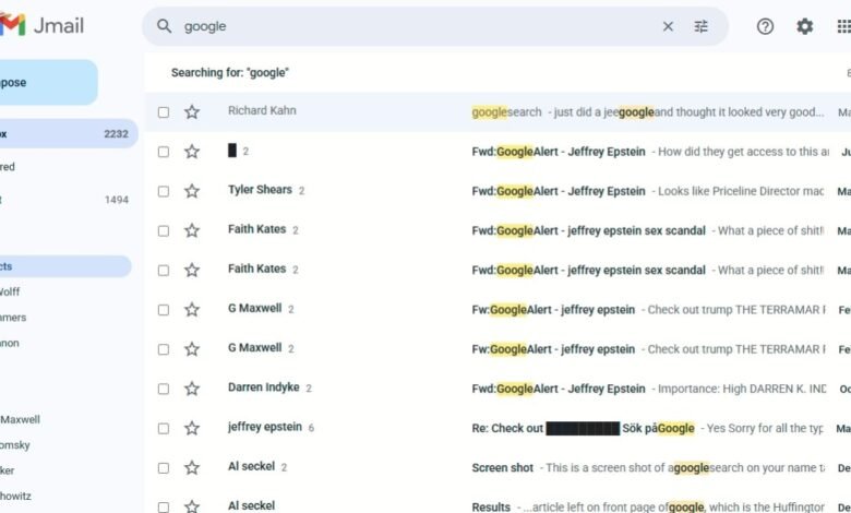 Screenshot of a Gmail inbox showing search results for 'google' with emails related to Jeffrey Epstein.