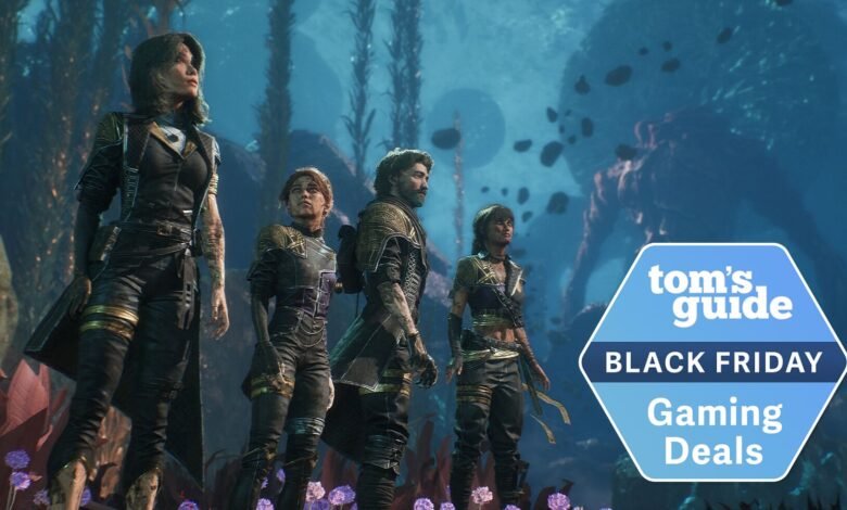 Four characters stand in a fantasy landscape, promoting Black Friday gaming deals.