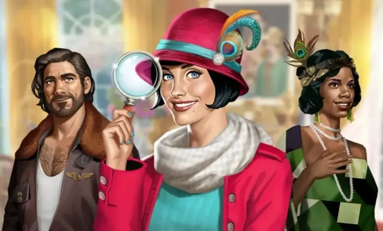 Three stylish individuals in vintage attire, one holding a magnifying glass.