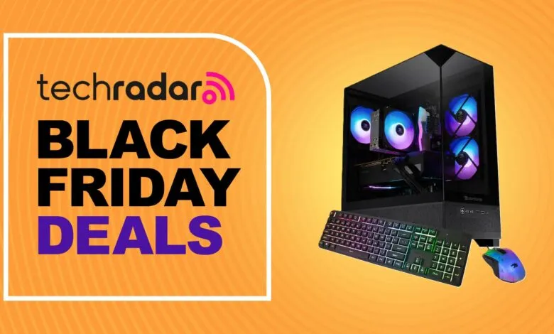 TechRadar Black Friday Deals promotion featuring a gaming PC, keyboard, and mouse.