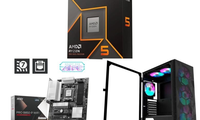 Computer components: AMD Ryzen 5 CPU, MSI motherboard, power supply, and PC case.