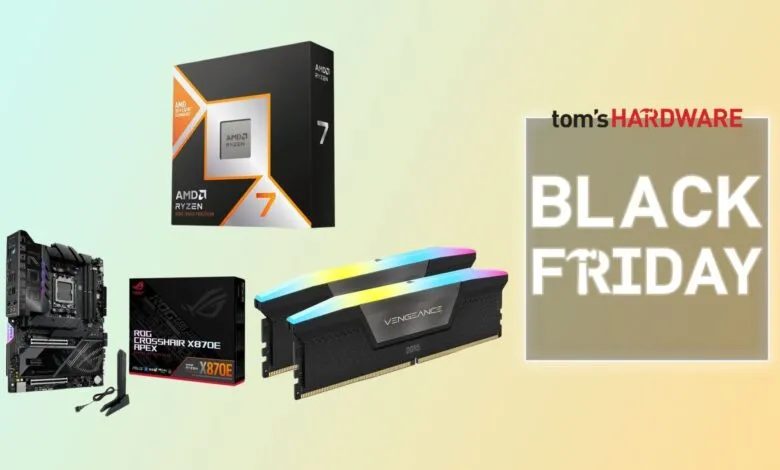AMD Ryzen 7 CPU, ROG Crosshair motherboard, and Corsair Vengeance DDR5 RAM on Black Friday sale.