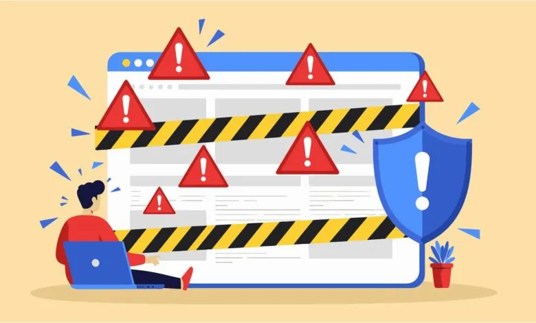 Person with laptop surrounded by warning signs and caution tape, indicating browser threats.