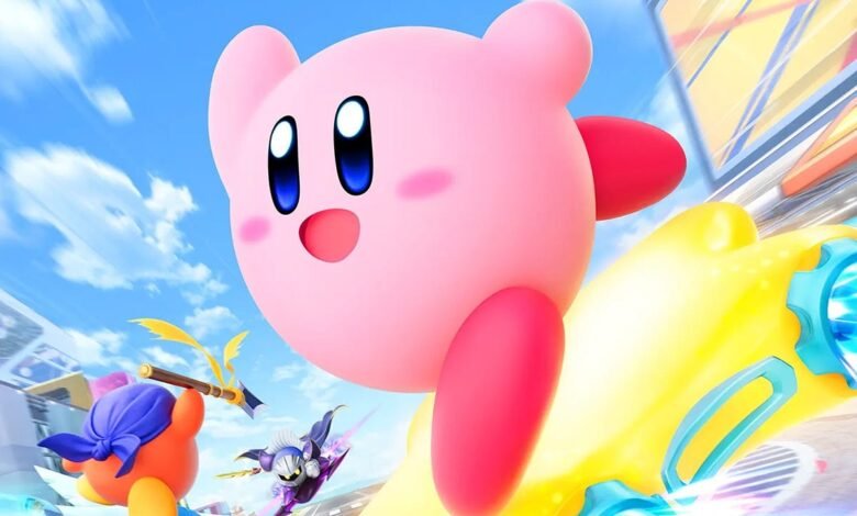 Kirby character with a bright yellow blaster, facing forward with a cheerful expression.