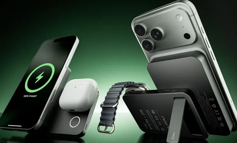 A sleek, modern charging station with an iPhone, AirPods, and Apple Watch.