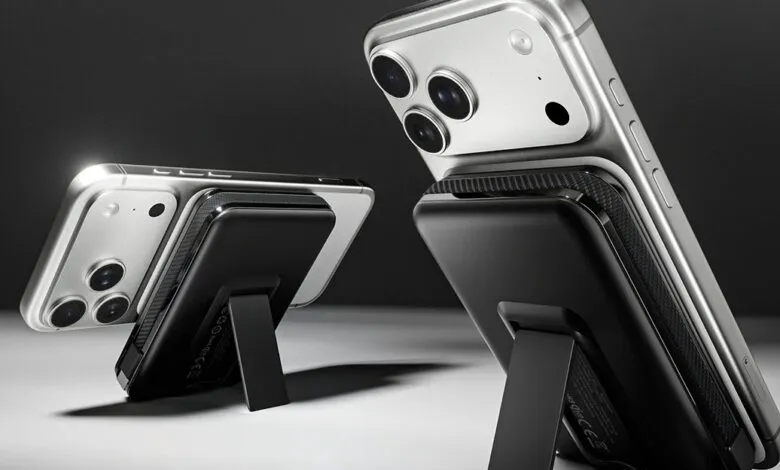 Two silver iPhones attached to black MagSafe battery packs with kickstands.