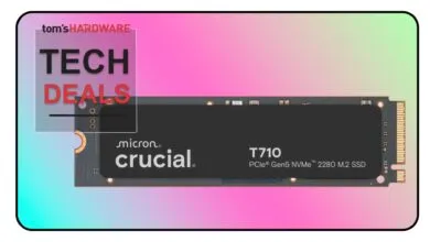Crucial T710 PCIe Gen5 NVMe 2280 M.2 SSD with Tom's Hardware Tech Deals overlay.
