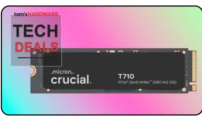 Crucial T710 PCIe Gen5 NVMe 2280 M.2 SSD with Tom's Hardware Tech Deals overlay.