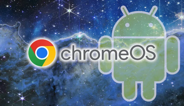 ChromeOS logo featuring Chrome and Android icons against a nebula background.