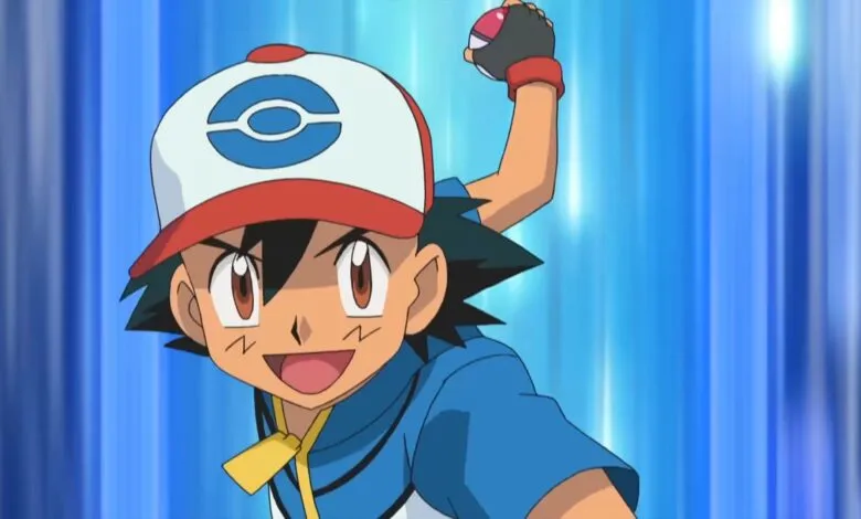 Ash Ketchum from Pokemon wearing his signature hat and blue shirt, holding a Pokeball.