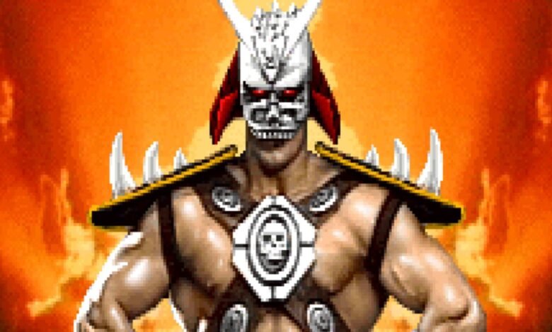 Pixelated image of Shao Kahn from Mortal Kombat with a skull mask and red eyes.