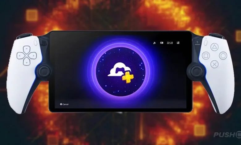 PlayStation DualSense Edge controller attached to a portable screen displaying cloud gaming interface.