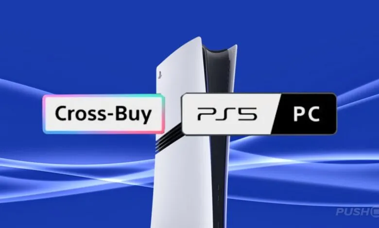 PlayStation 5 console with text labels 'Cross-Buy' and 'PS5 PC'