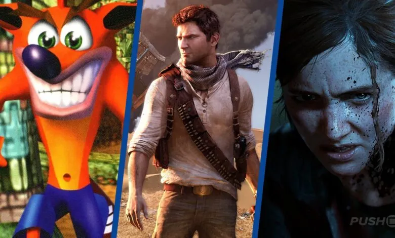 Collage of three iconic video game characters: Crash Bandicoot, Nathan Drake, and Ellie.